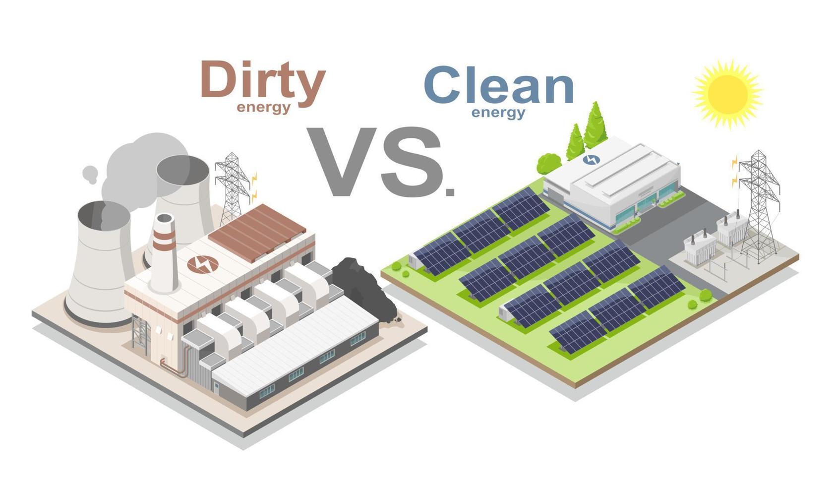 energía sucia vs limpia concepto de cambio climático carbón combustibles fósiles planta de energía eléctrica y panel solar planta de energía isométrica ilustración aislada dibujos animados vector