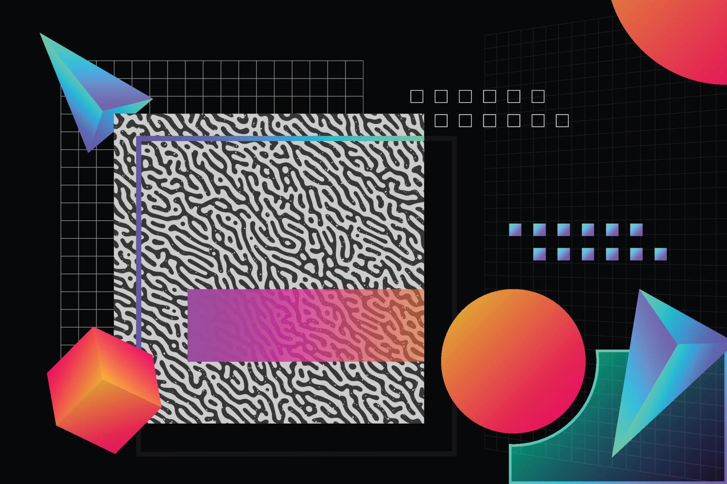 composición de fondo futurista abstracta con formas geométricas de gradiente de arco iris. red cuadrada y marco con elementos decorativos de línea orgánica ilustración con objetos geo vectoriales 3d vector