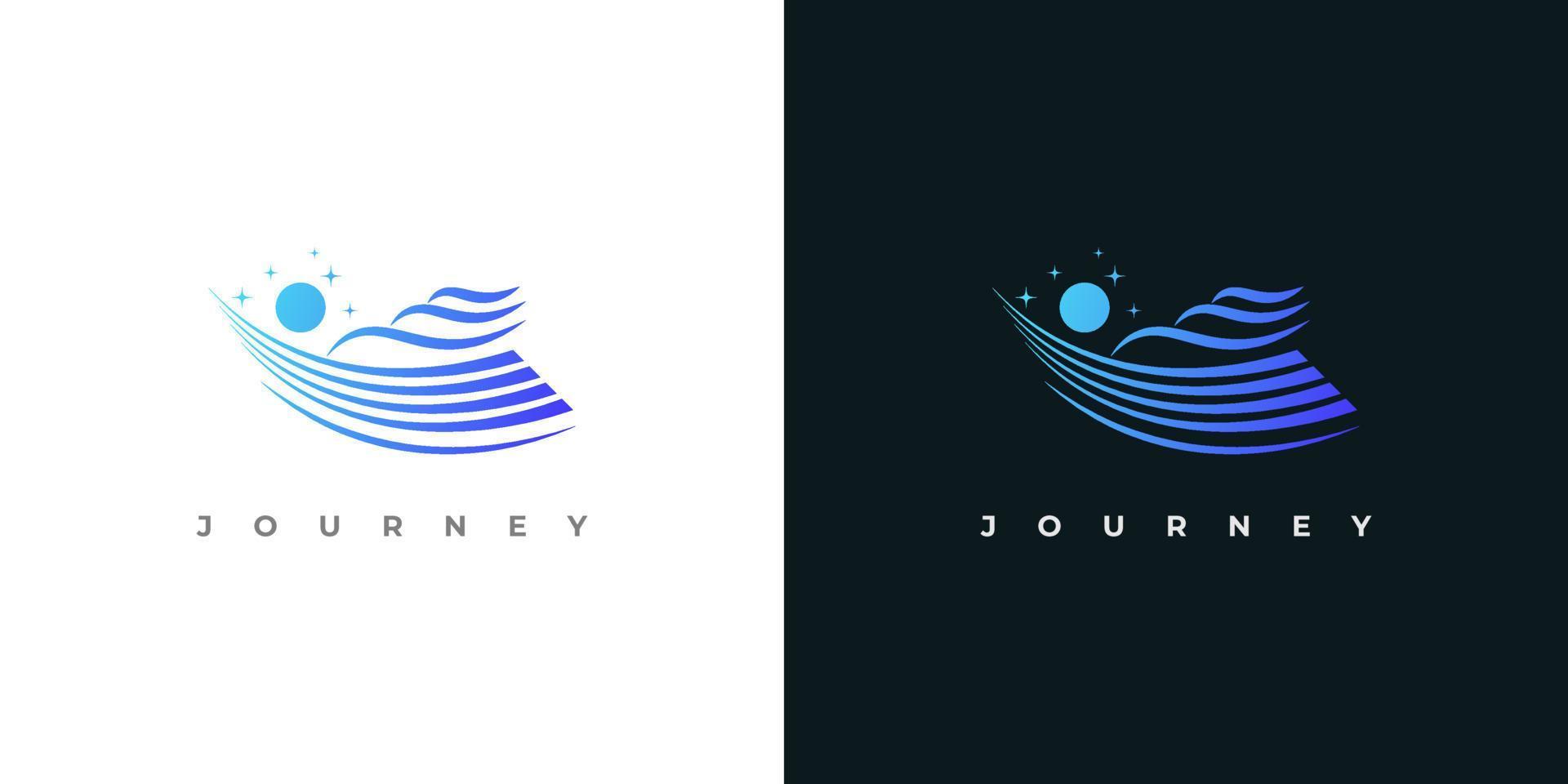 Abstract and Modern Ship Logo with Sun and Stars in Blue Gradient Style. Cruise, Yacht Logo or Icon vector