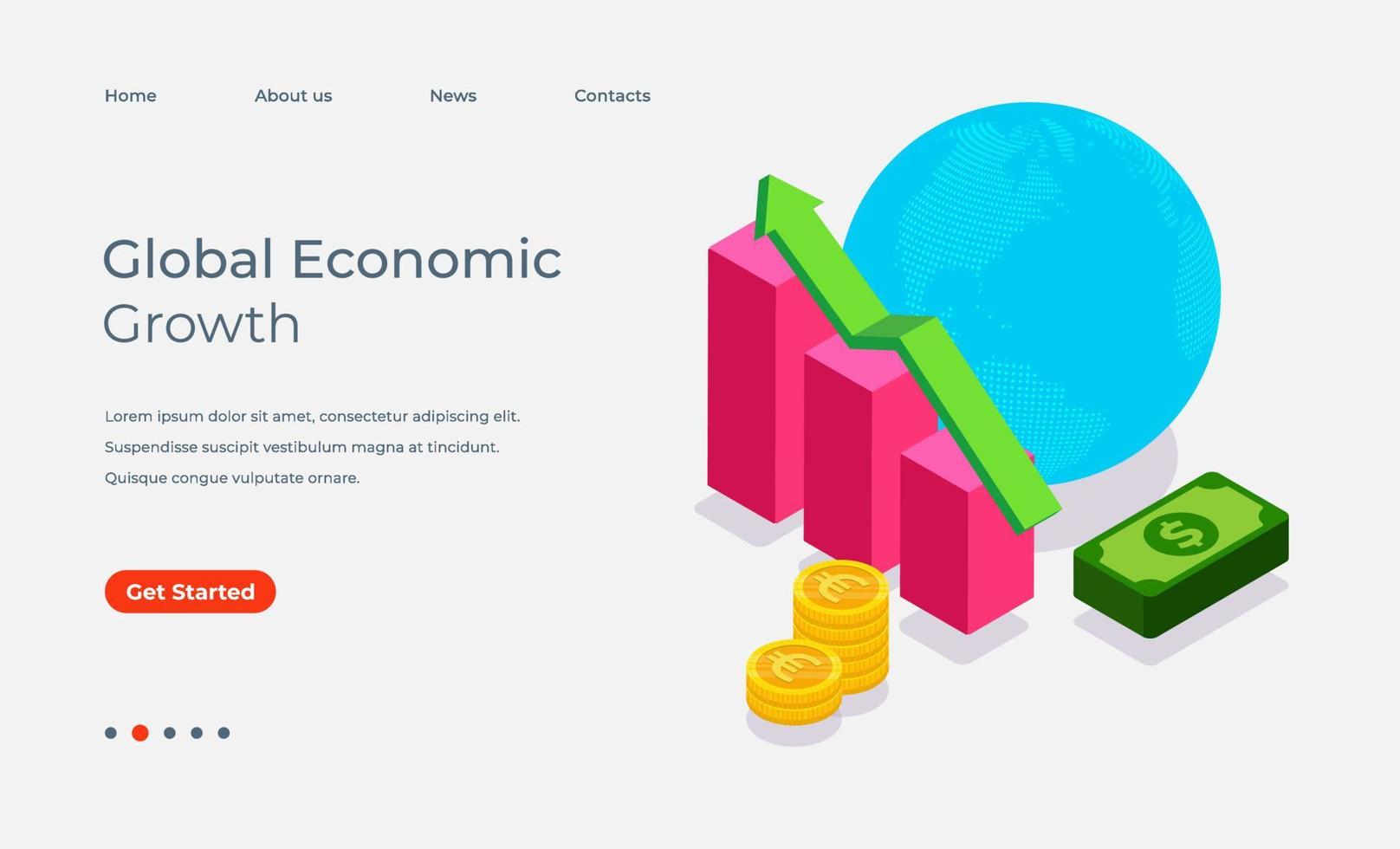 página de inicio isométrica del crecimiento económico mundial vector