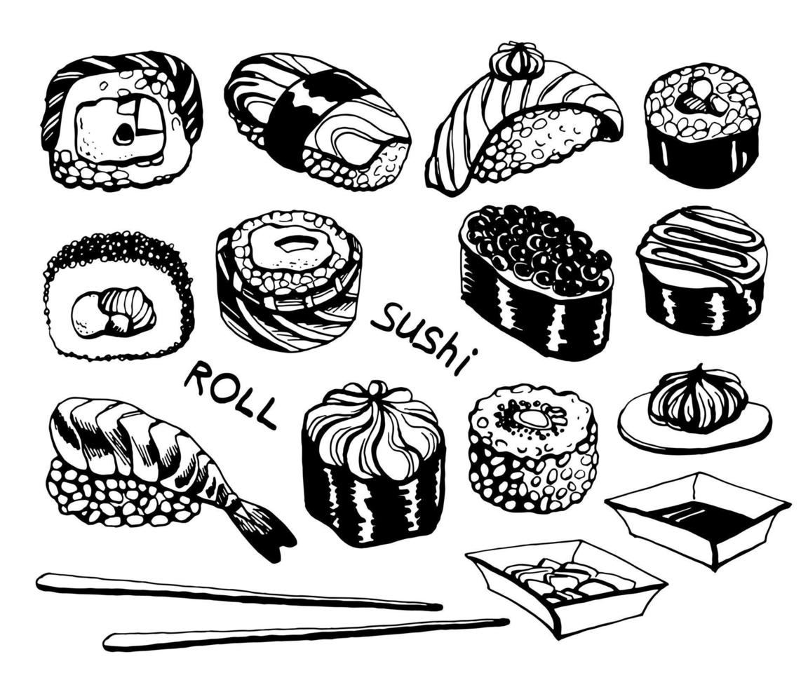 Sushi Roll Set Vector Illustration. Japanese illustration, Asian food set.  Japanese Food Concept. 23877598 Vector Art at Vecteezy