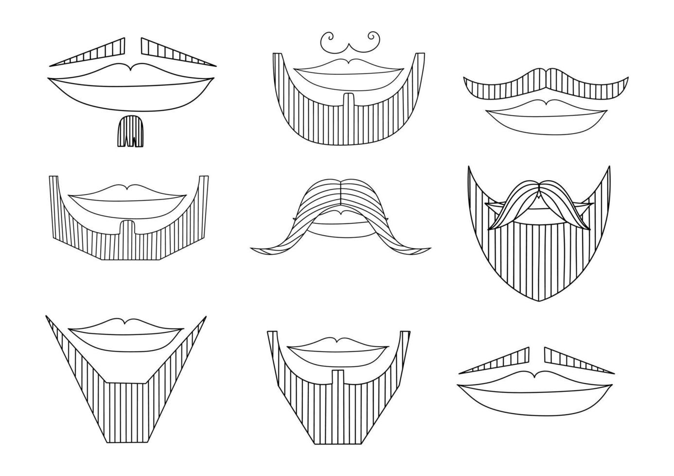 Set of diverse male beards, mustaches, sideburns. Collection of symbolic designs. Vector hand drawn illustration