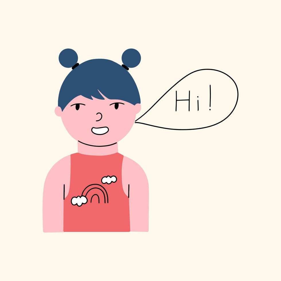 Portrait of a little cute girl who greets. Vector hand drawn illustration