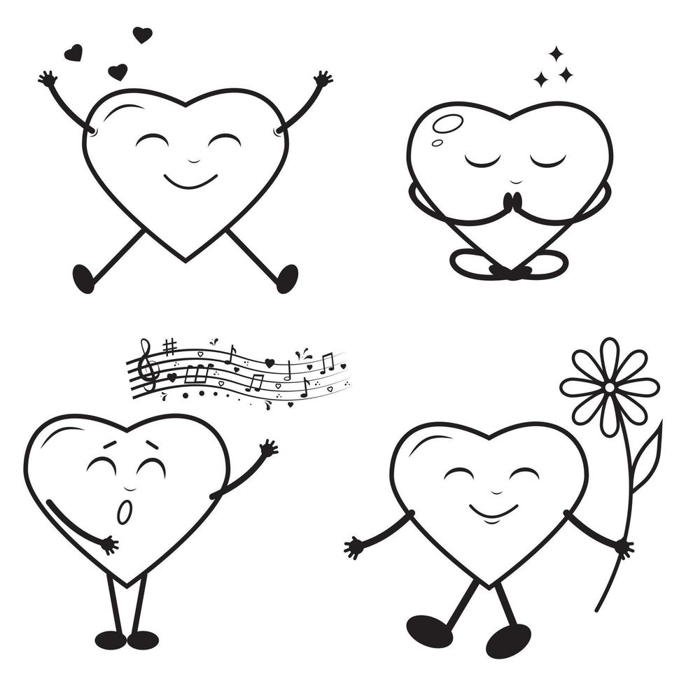 Set of heart-shaped characters, black outline, vector illustration in doodle style