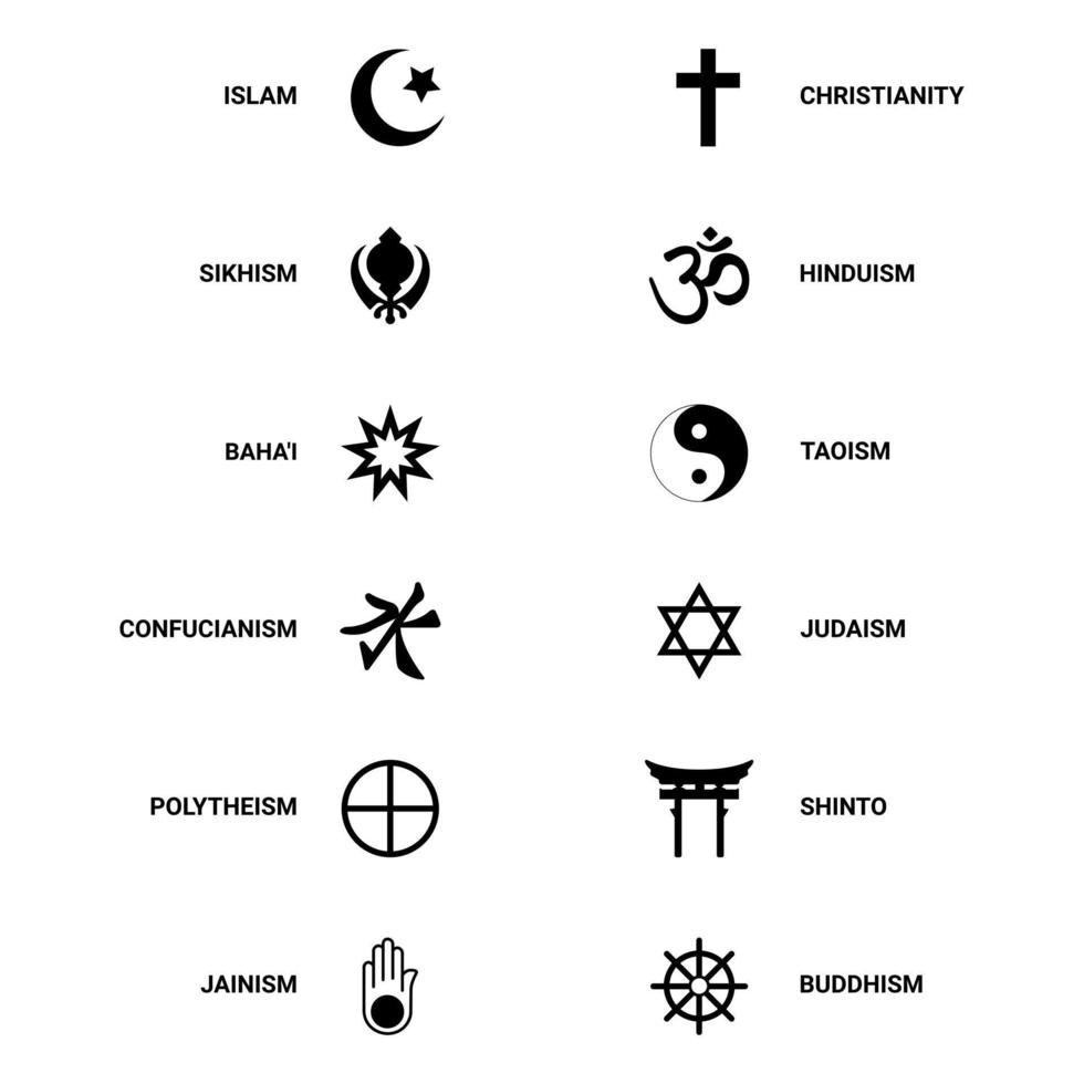 Symbols of world religion. 12 signs of religious groups and religions. Christianity, Islam, Hinduism, Buddhism and others. Vector illustration.