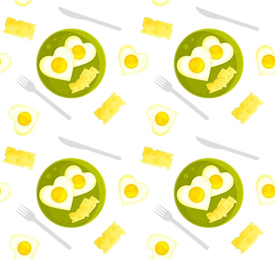 bright vector seamless pattern, romantic breakfast scrambled eggs with cheese and cutlery, fabric pattern