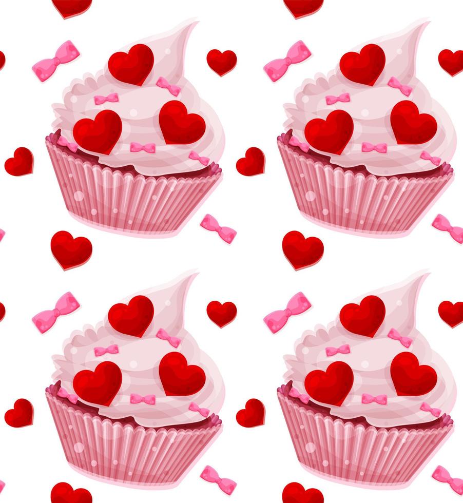 bright vector seamless pattern with valentines day cupcake, hearts and bows, romantic pattern, fabric pattern