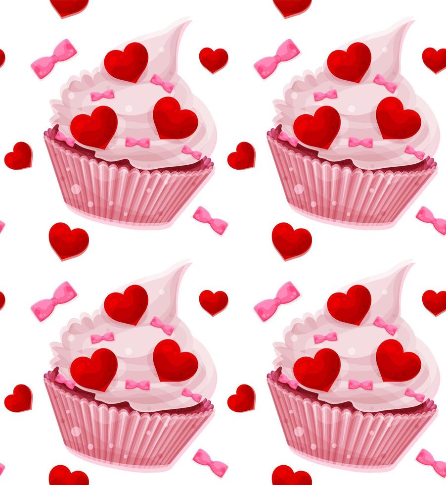 patrón transparente de vector brillante con cupcake de San Valentín, corazones y arcos, patrón romántico, patrón de tela