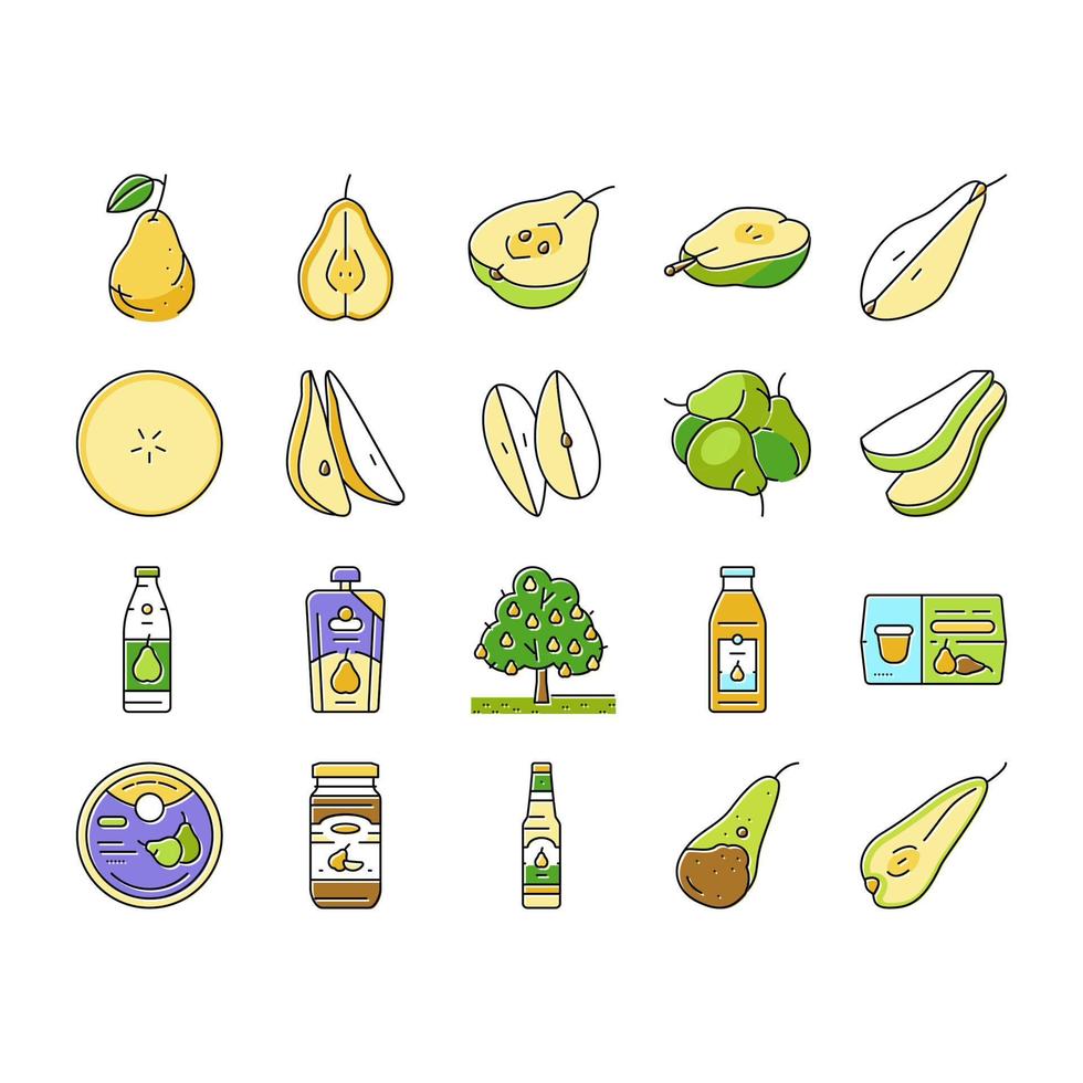 pera fruta verde hoja blanca alimentos iconos conjunto vector