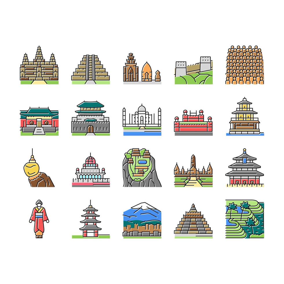 Asia Building And Land Scape Icons Set Vector