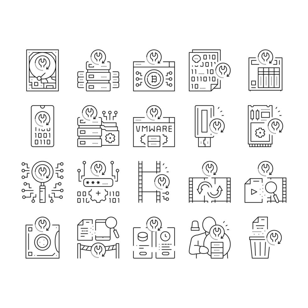 Data Recovery Computer Processing Icons Set Vector