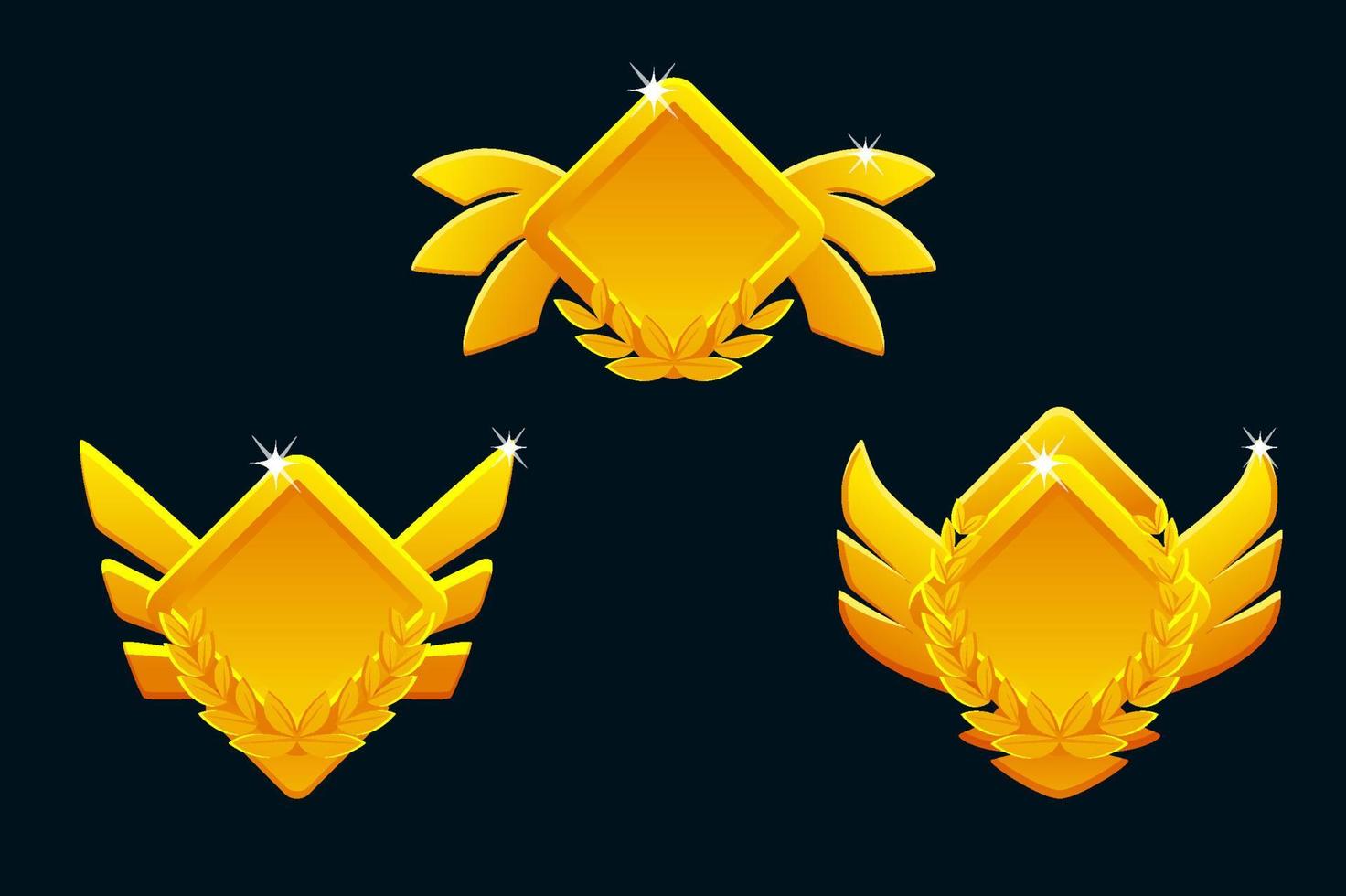 Golden game rank icons isolated. Game badges buttons in rhombus frame with wings vector