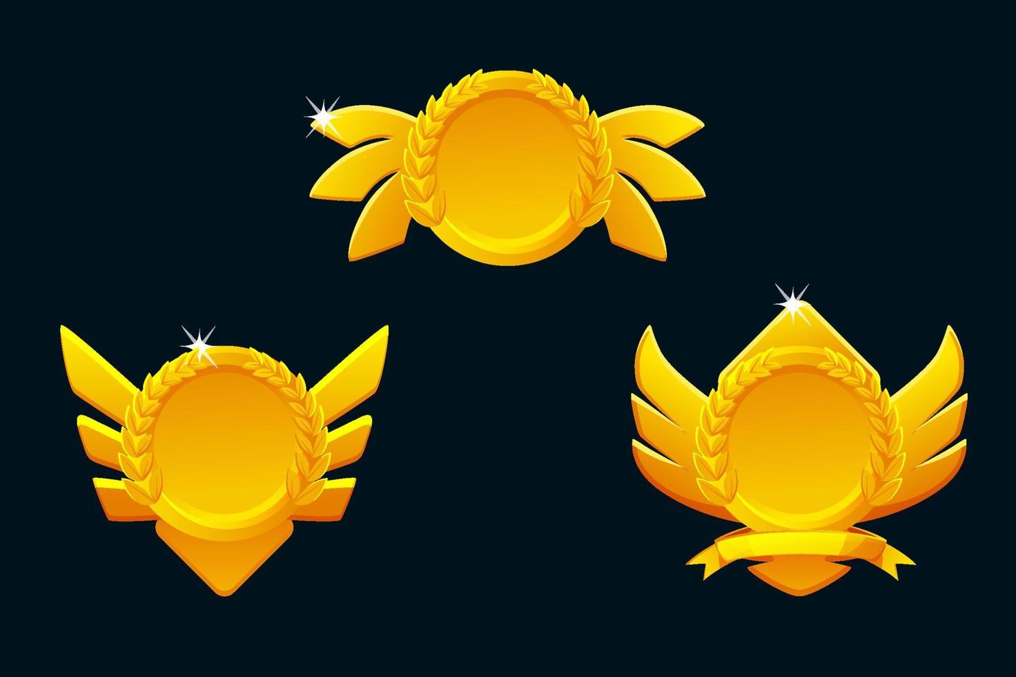 Golden game rank icons isolated. Game badges buttons in circle frame with wings vector