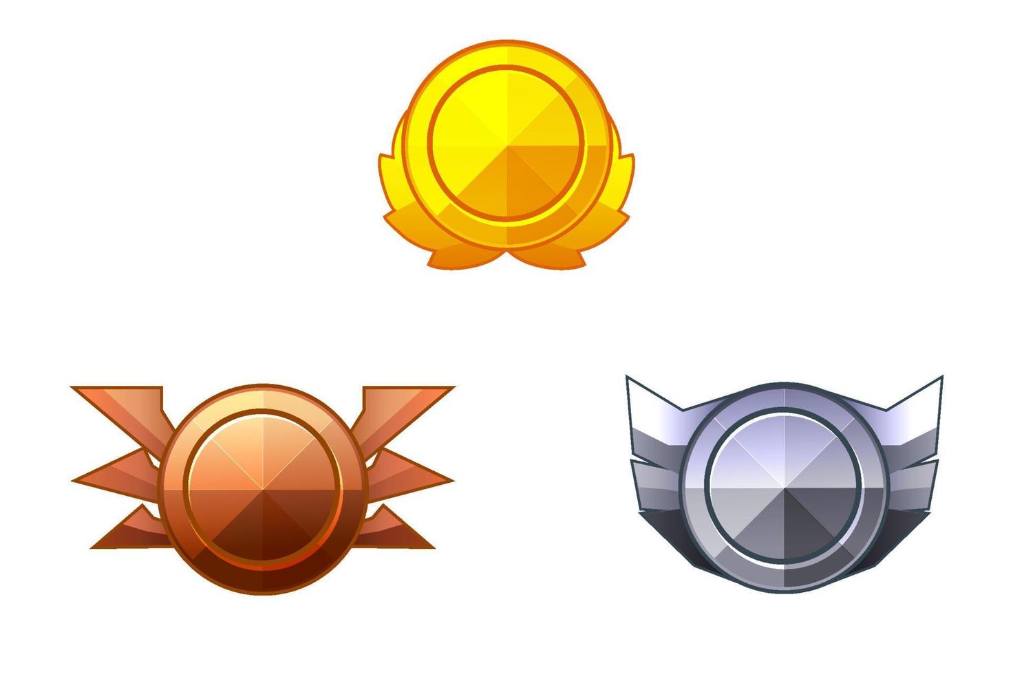 Set of game rank icons isolated. Vector bronze, silver and gold game badges buttons in circle frame