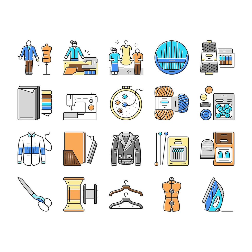 Tailor Worker Sewing Occupation Icons Set Vector