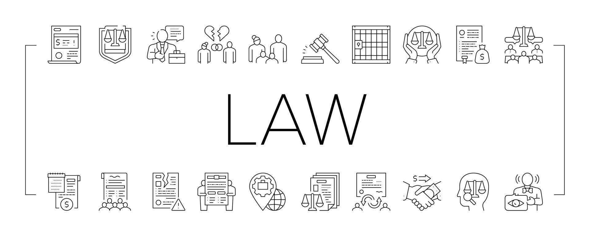 Law Justice Dictionary Collection Icons Set Vector