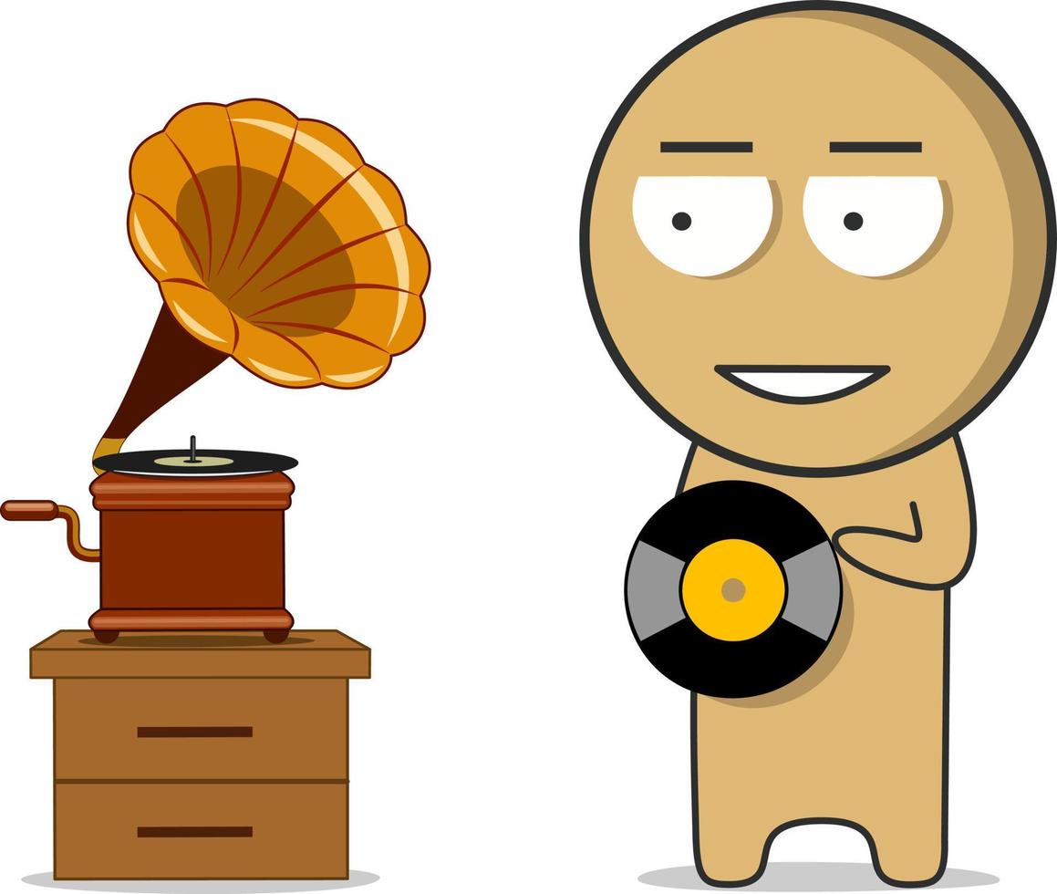 A boy stands near a gramophone with a music record vector