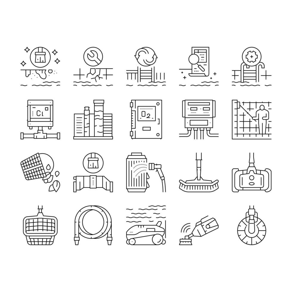 Pool Cleaning Service Collection Icons Set Vector