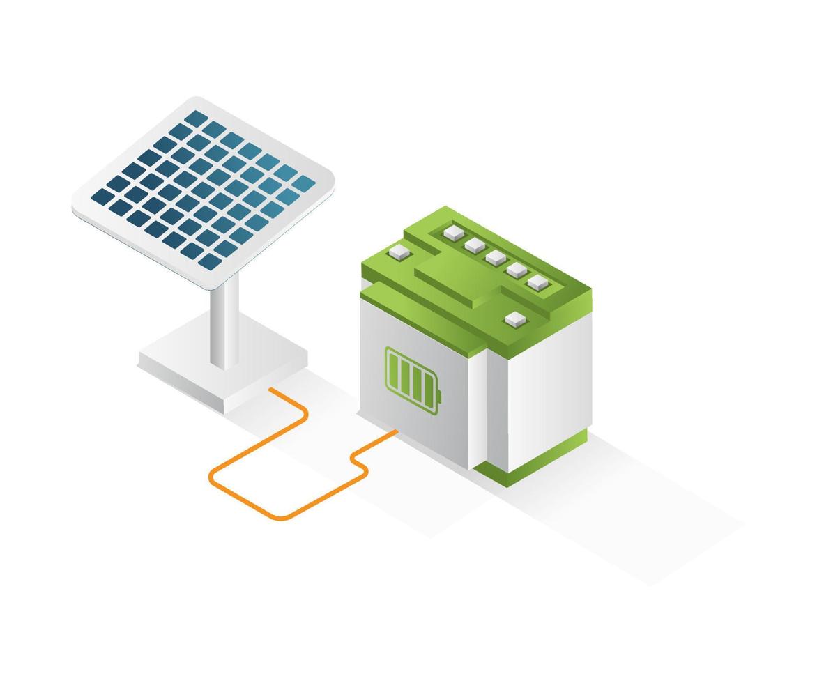 concepto isométrico plano ilustración 3d del canal de batería de almacenamiento de energía eléctrica del panel solar vector