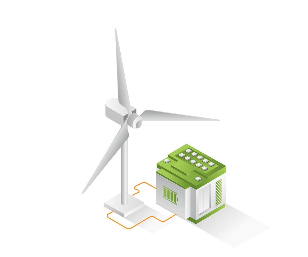 Flat isometric concept 3d illustration windmill electric energy storage battery vector