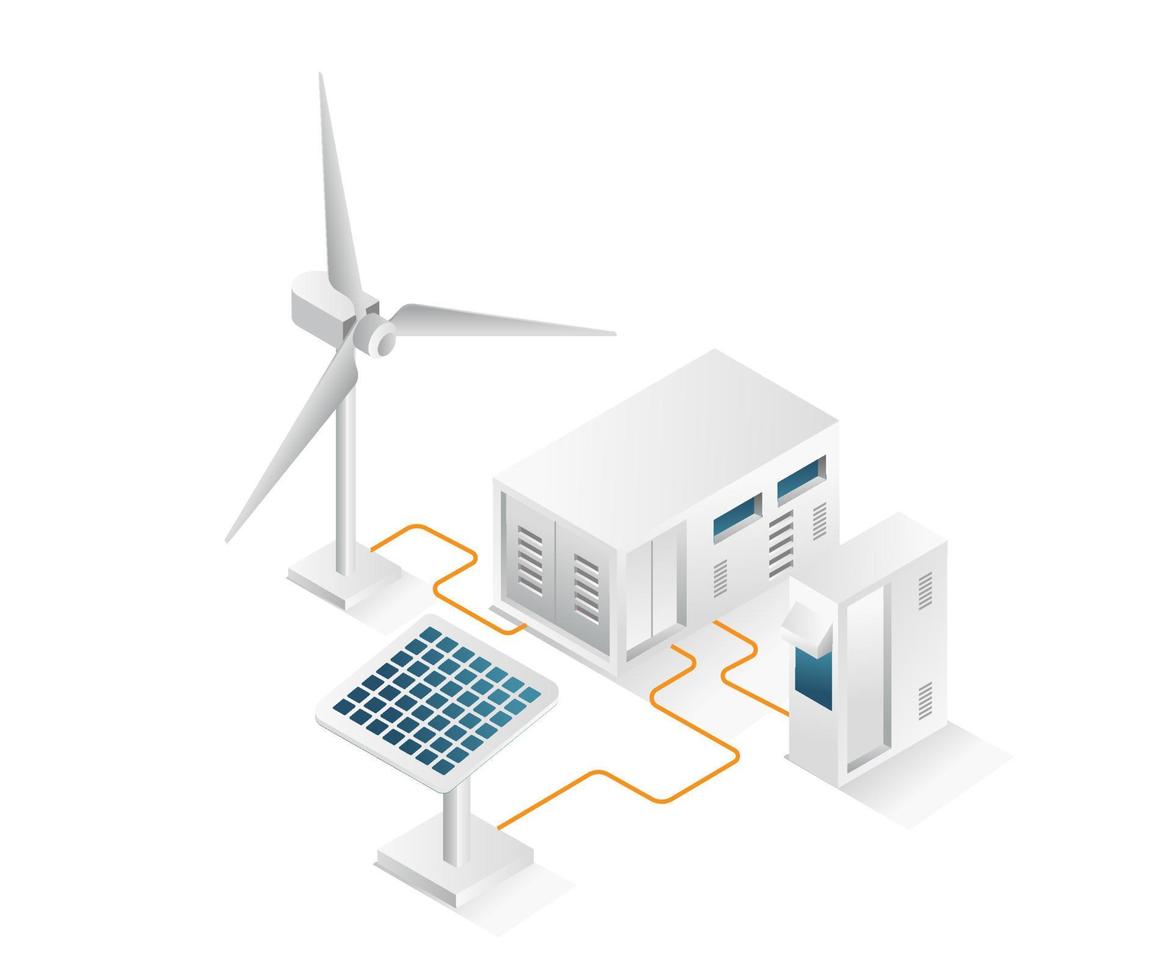 concepto isométrico plano ilustración 3d del canal de batería de almacenamiento de energía eléctrica del panel solar vector