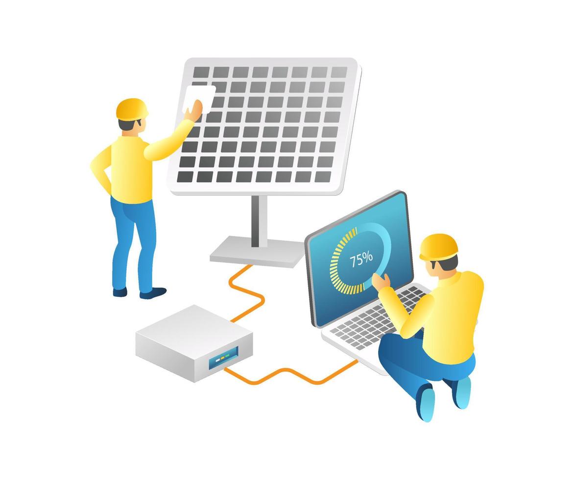 concepto de ilustración 3d isométrica plana de dos técnicos que mantienen paneles solares de energía vector