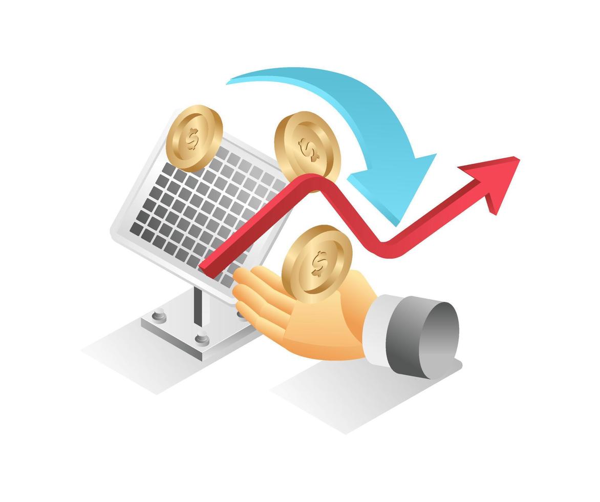 concepto de ilustración 3d isométrica plana de ahorrar dinero con paneles solares vector