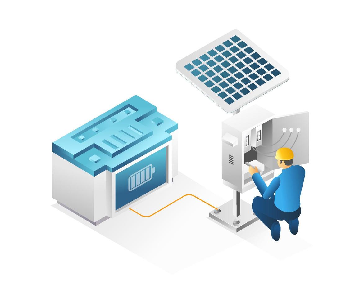 Flat isometric 3d illustration concept of technician repairing solar panel battery drain vector