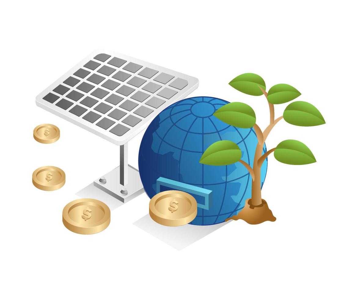 Flat isometric 3d illustration concept solar panel eco green business vector