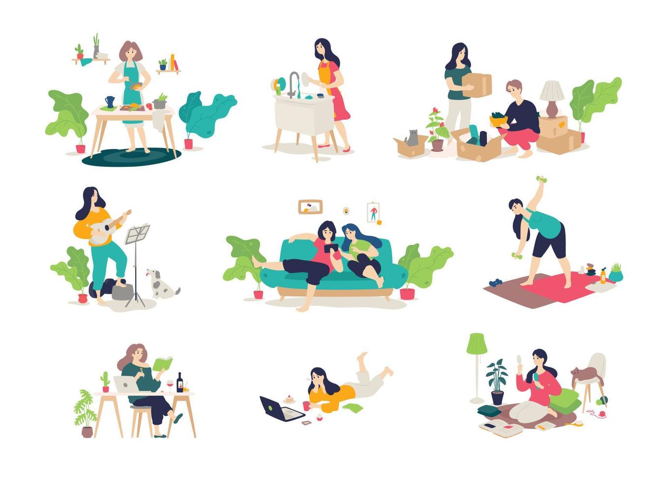 Illustrations of girls and boys engaged in household chores. Vector. Young people relax, play the guitar, cook, sit on the Internet. Relocation, delivery of things. Illustrations for the magazine. vector