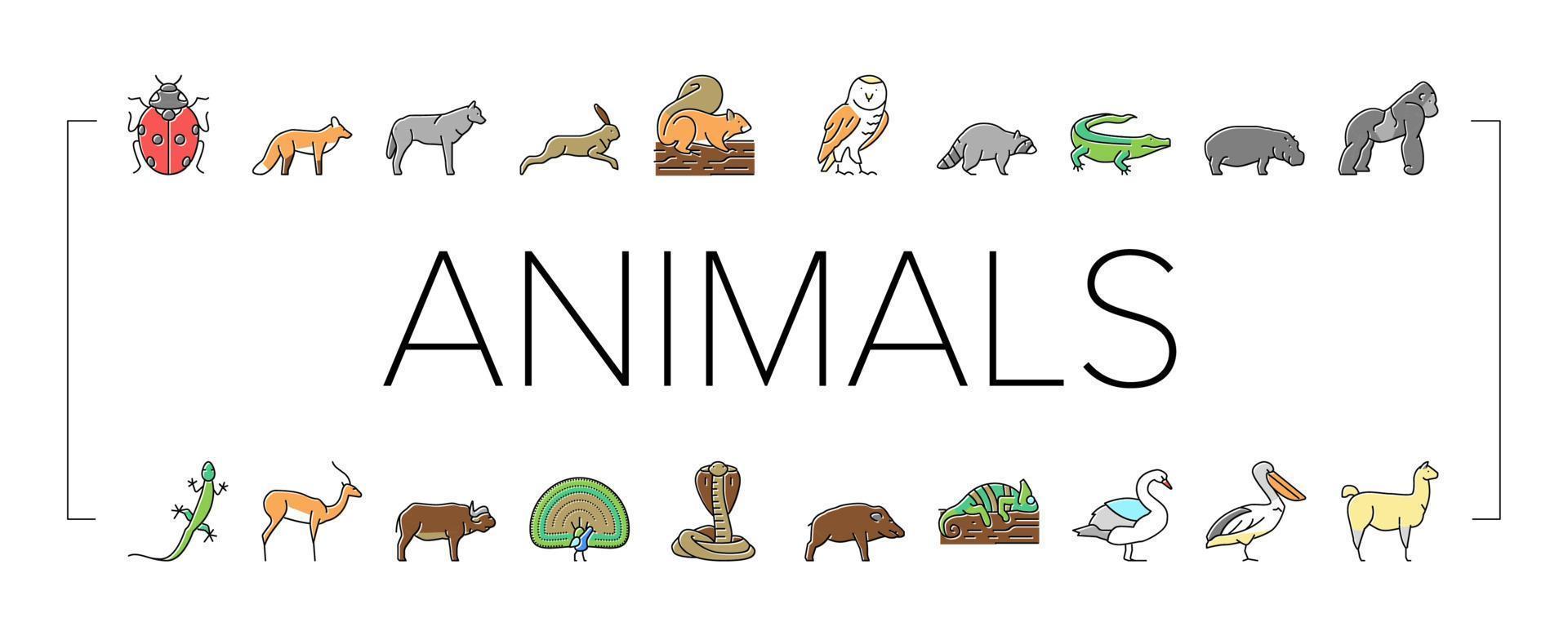 Wild Animals, Bugs And Birds Icons Set Vector