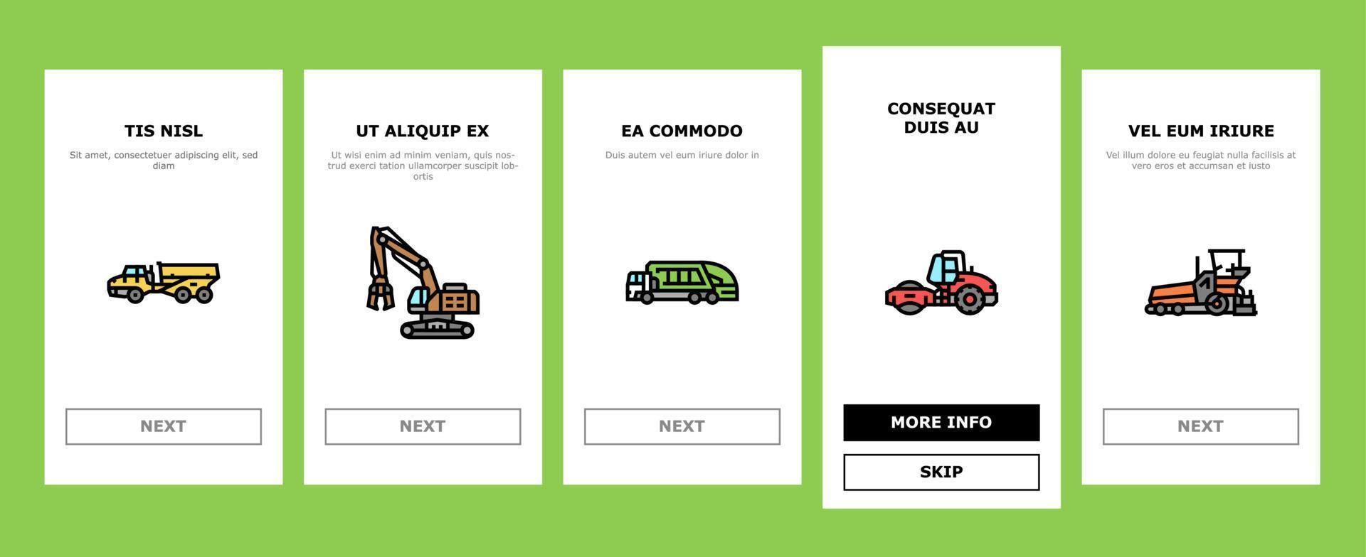 construction car vehicle tractor onboarding icons set vector