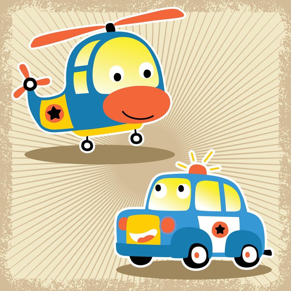 divertido vector de dibujos animados de transporte, coche patrulla con helicóptero