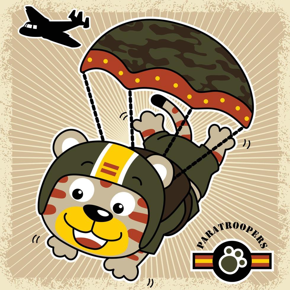 Funny cat the paratroopers with airplane, vector cartoon illustration