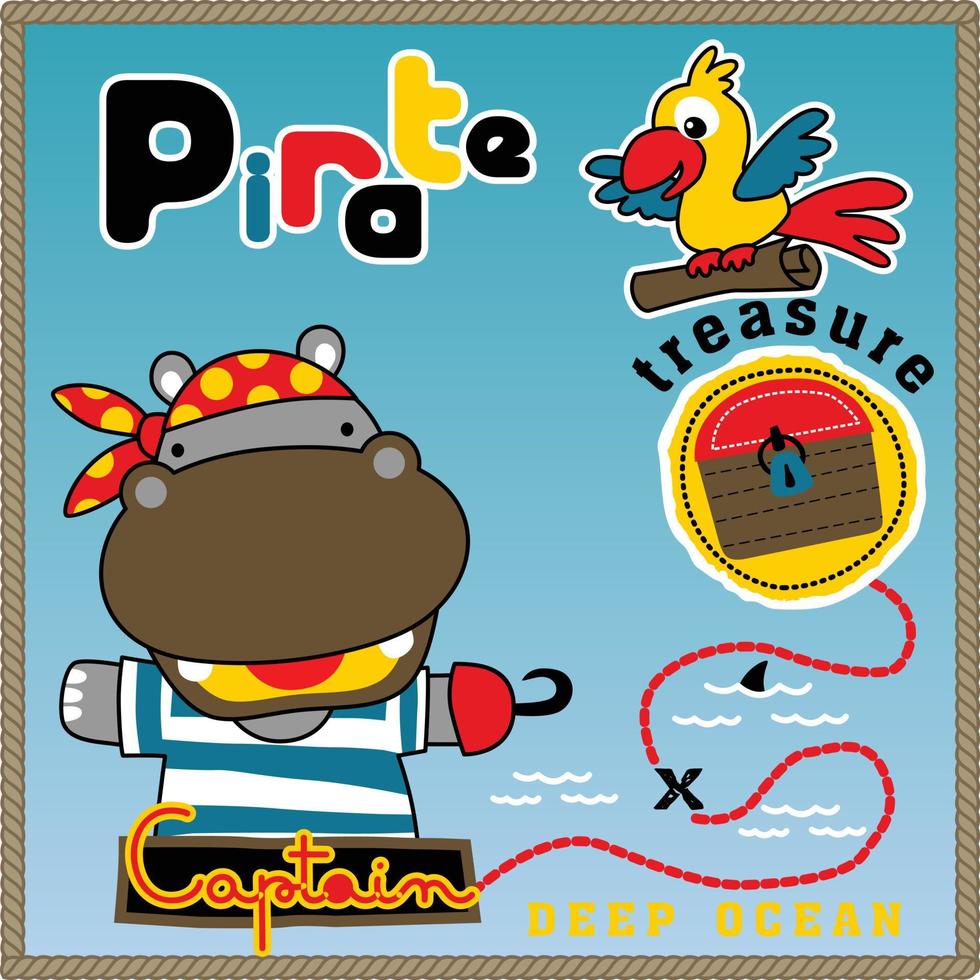 Cute hippo in pirate costume with parrot, pirate elements, vector cartoon illustration