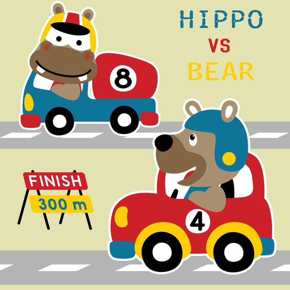 Cute bear and hippopotamus on racing car, vector cartoon illustration