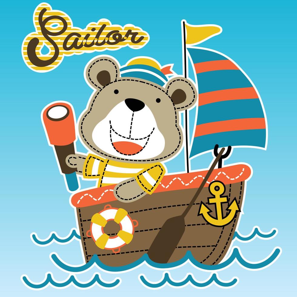 Cute bear in sailor costume with binocular on sailboat, vector cartoon illustration