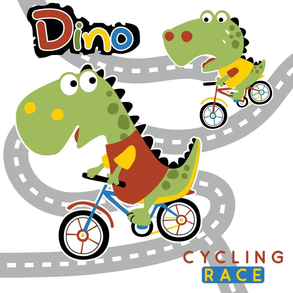 Funny dinosaurs riding bicycle, vector cartoon illustration