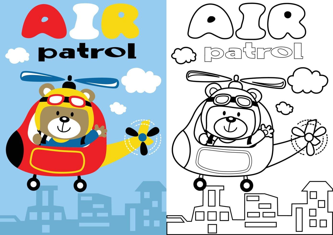 vector cartoon of helicopter with funny bear pilot, coloring book or page