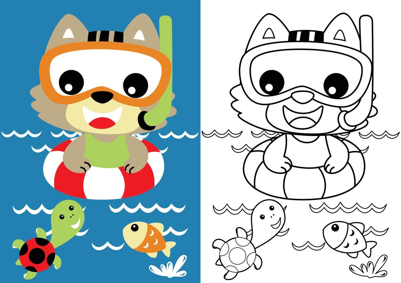 vector cartoon of little cat wearing diving goggles with turtle and fish, coloring book or page