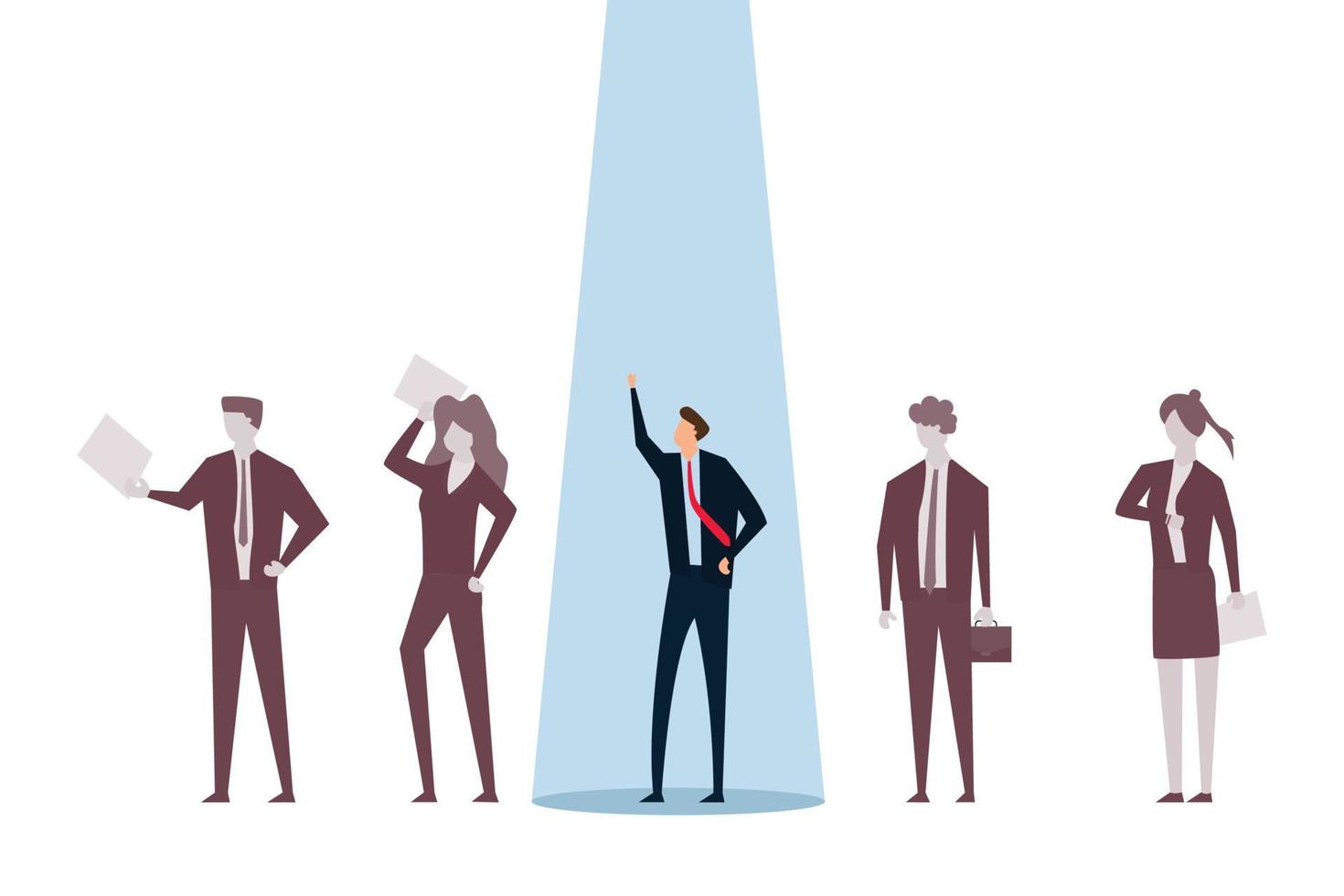 Selected one, HR recruiter chooses the best candidate , stands out from the confident businessman with the attention of other candidates translucent bland vector