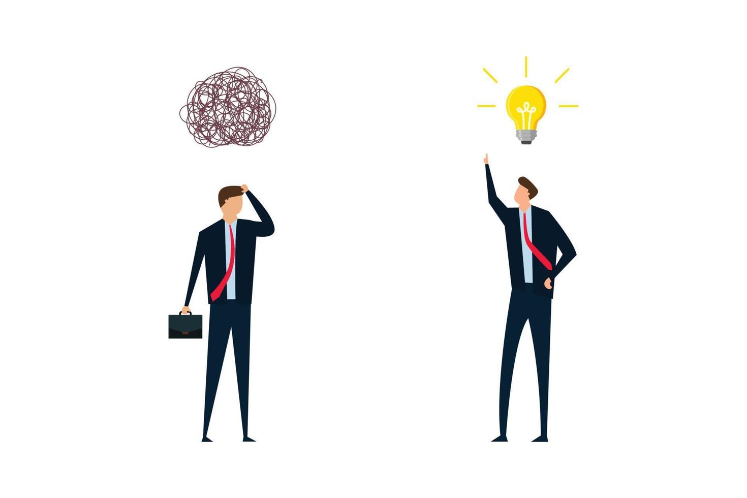 Simplified idea concept to solve difficult problems, businessmen discuss work using creativity to solve the idea of messy lines in light bulbs. vector