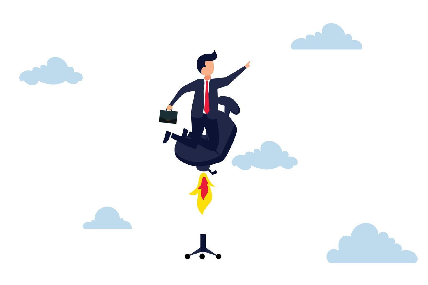 Accelerate your career growth, businessman sitting in office chair with jetpack or boosters. vector