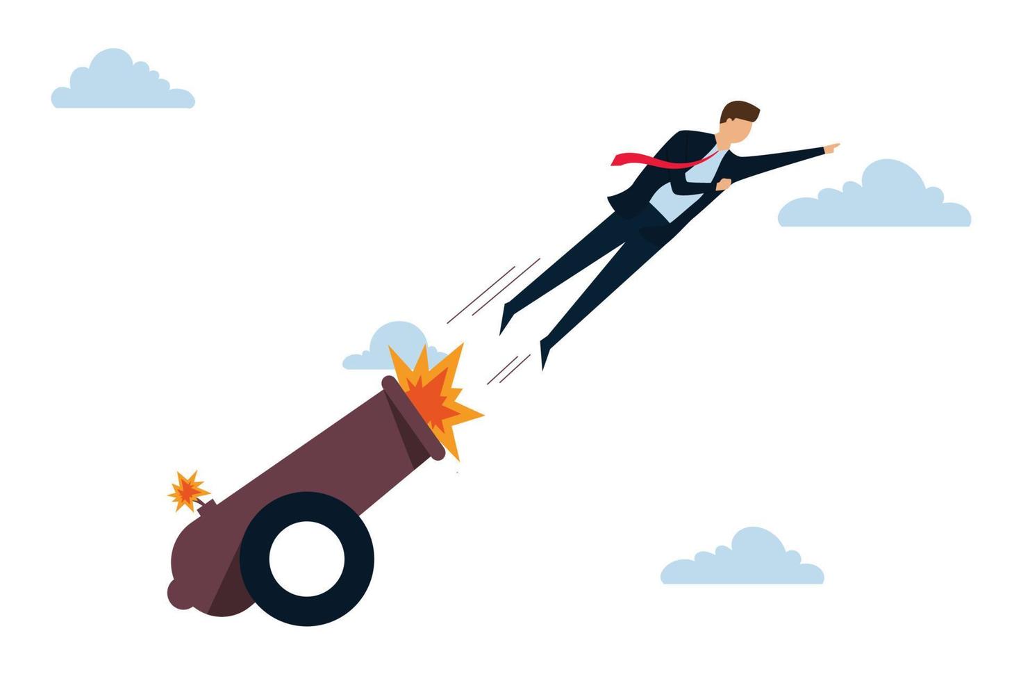 Career raise or process promoted, businessman shot from explosive cannon boosting excessive to attain enterprise success. vector