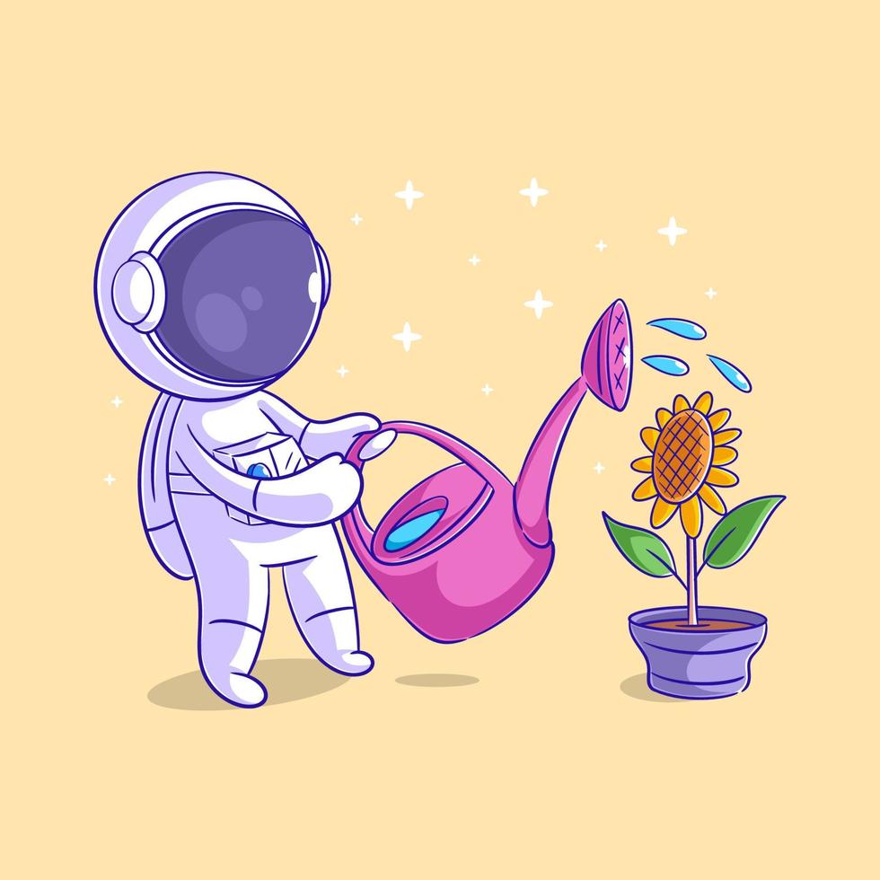 Astronaut is watering sunflowers vigorously vector