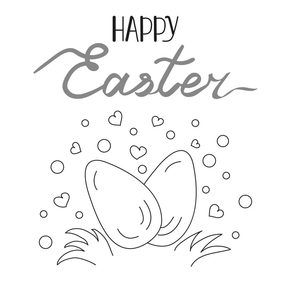 Happy easter card with eggs, hearts, gress and lettering. Black and white Vecrot illustration. vector