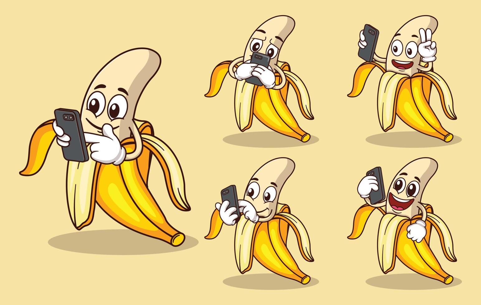 linda mascota de fruta de plátano con varios tipos de colección de conjuntos de expresiones vector