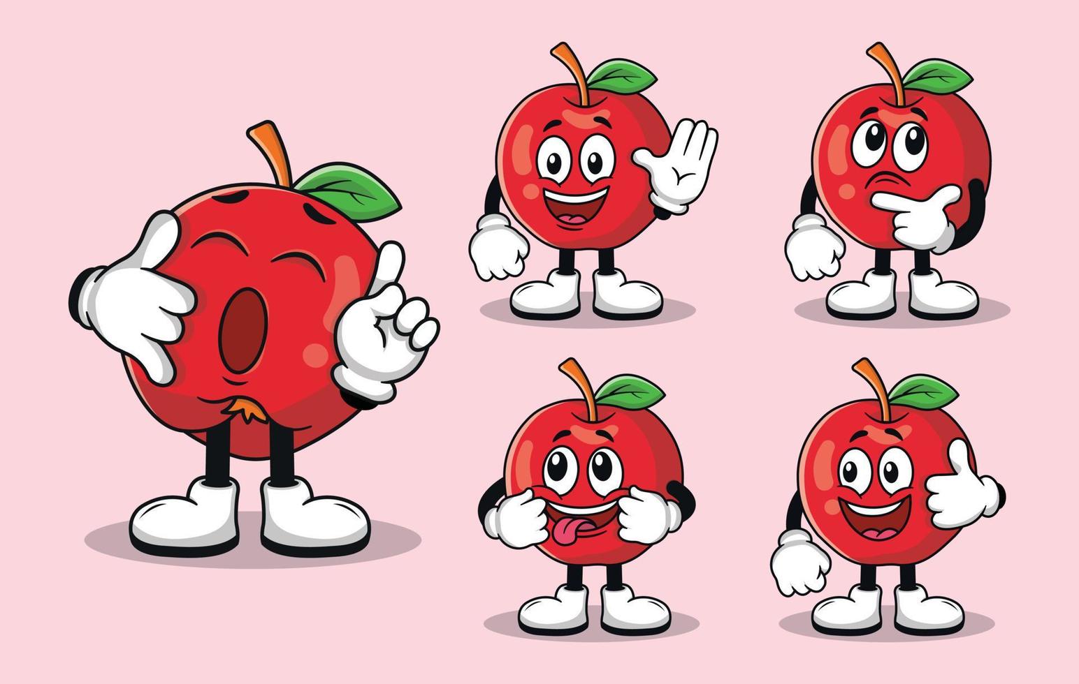 linda mascota de fruta de manzana con varios tipos de colección de conjuntos de expresiones vector