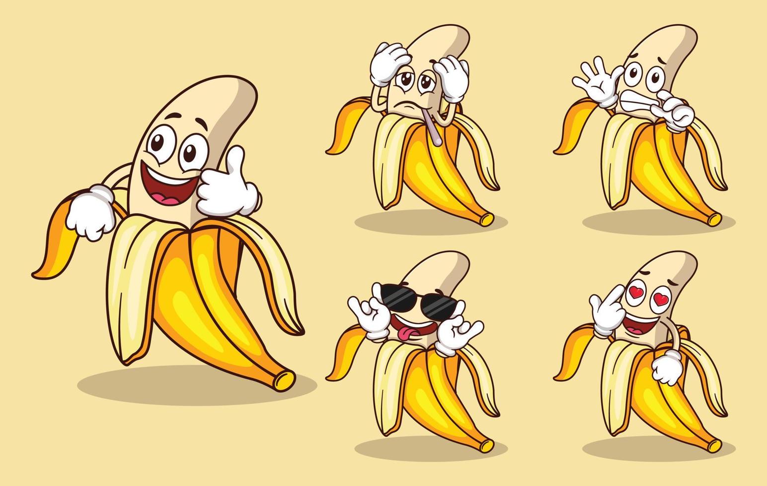 linda mascota de fruta de plátano con varios tipos de colección de conjuntos de expresiones vector