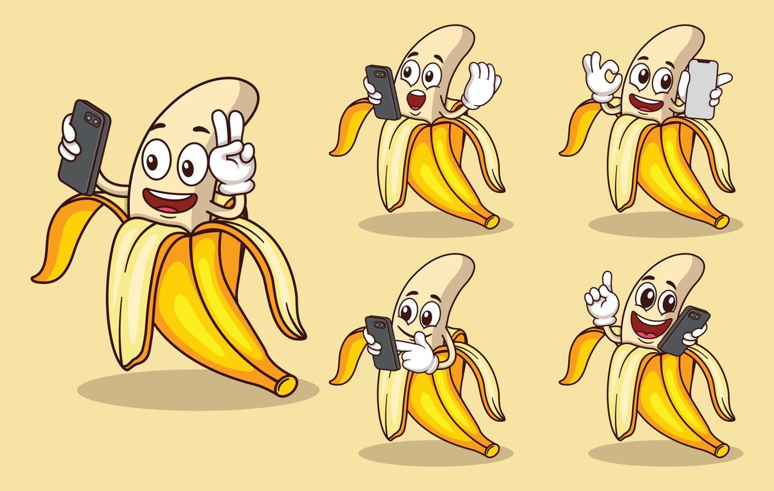 linda mascota de fruta de plátano con varios tipos de colección de conjuntos de expresiones vector